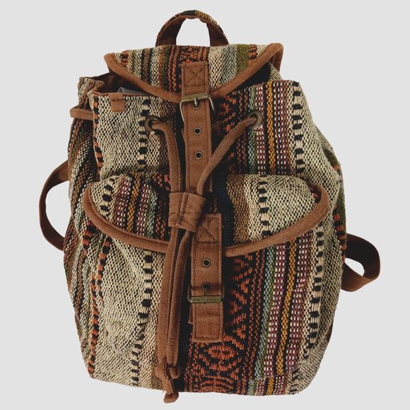 Catori Handbags - Catori Southwestern Drawstring Mini Backpack Bag Brown Blanket Canvas Tweed